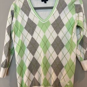 Burberry Mint Green and Gray Argyle V-Neck Sweater